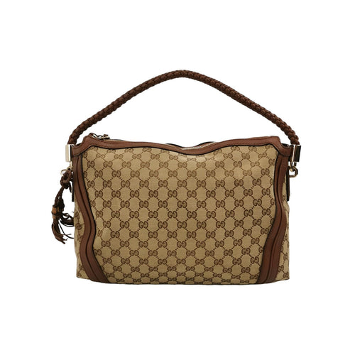 Gucci Bella Series Leather Canvas GG Monogram Fringe Tassel Woven Handle Shoulder Bag 250318781110512
