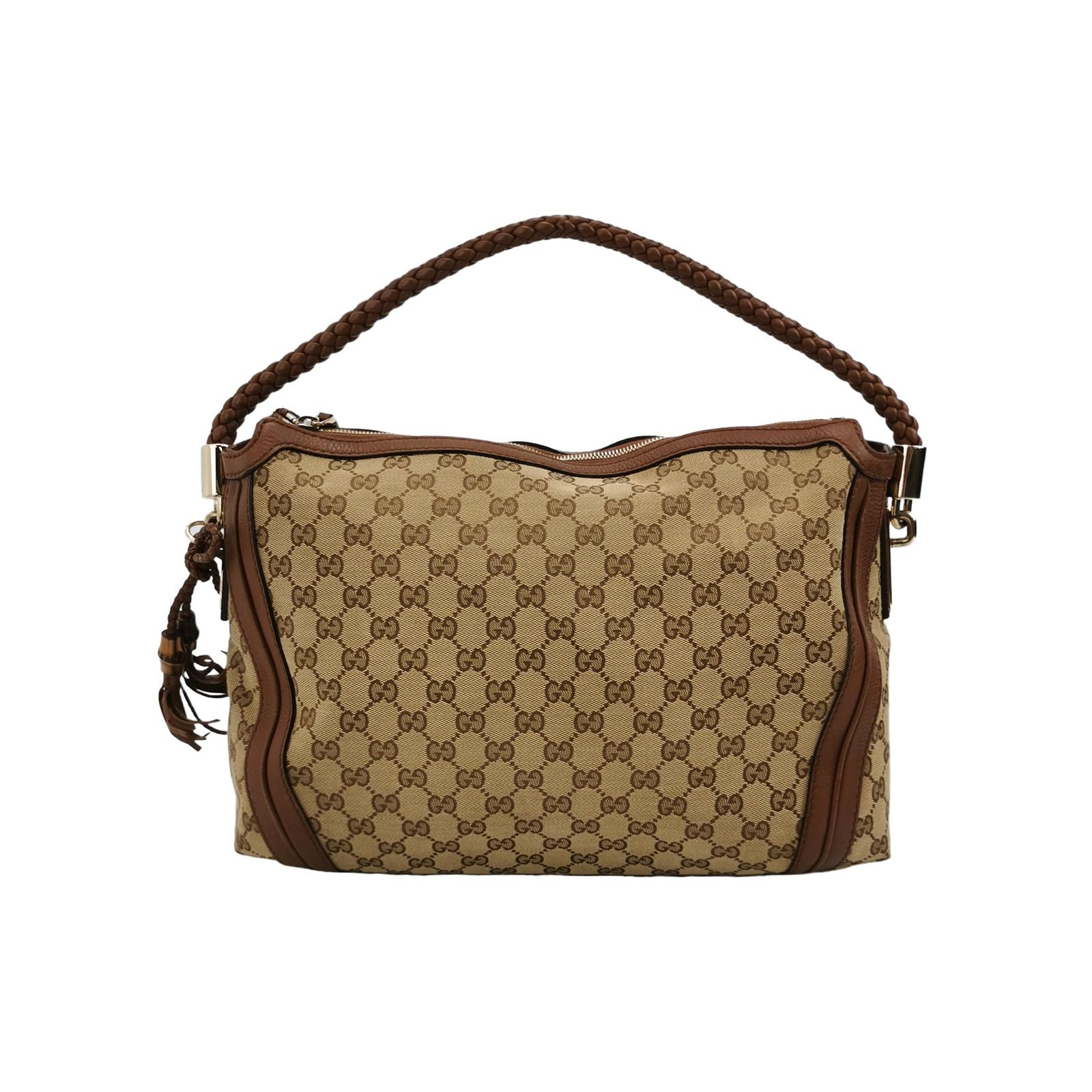 Gucci Bella Series Leather Canvas GG Monogram Fringe Tassel Woven Handle Shoulder Bag 250318781110512