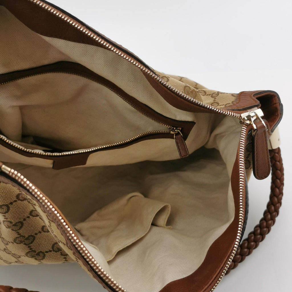 Gucci Bella Series Leather Canvas GG Monogram Fringe Tassel Woven Handle Shoulder Bag 250318781110512