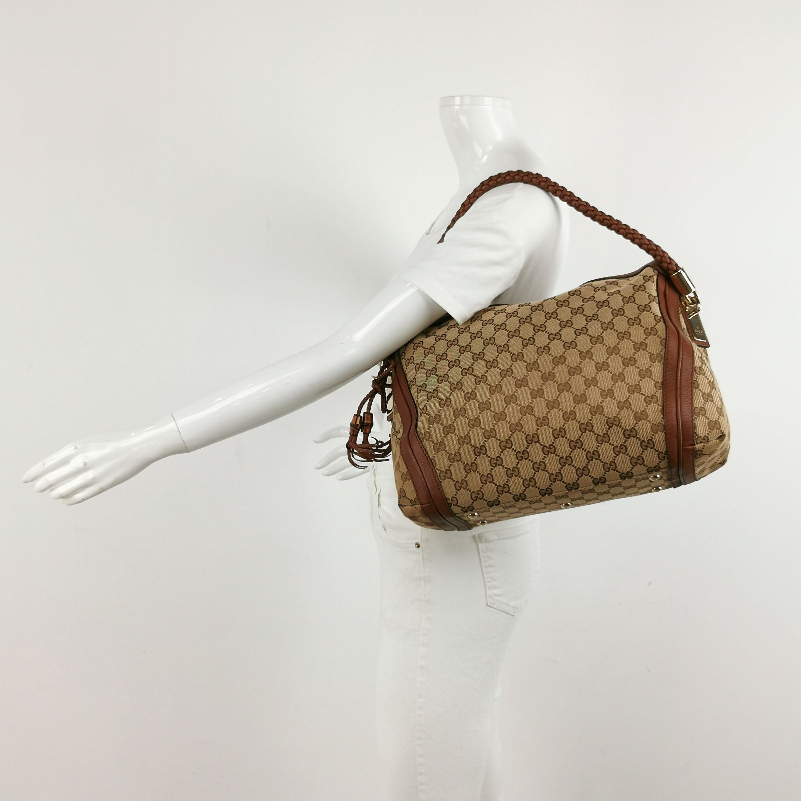 Gucci Bella Series Leather Canvas GG Monogram Fringe Tassel Woven Handle Shoulder Bag 250318781110512