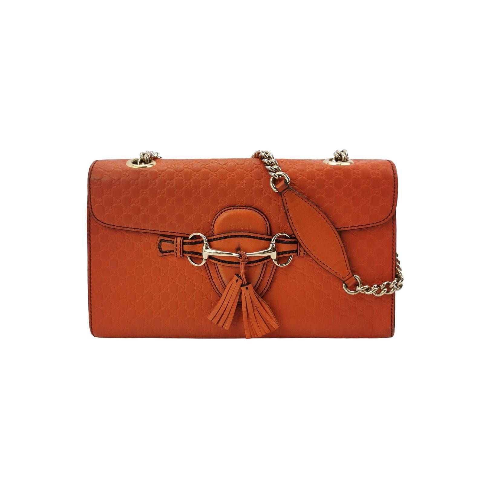 Gucci Emily Medium Leather Shoulder Bag with Signature Embossing and Tassel Horsebit Detail 250316781107553