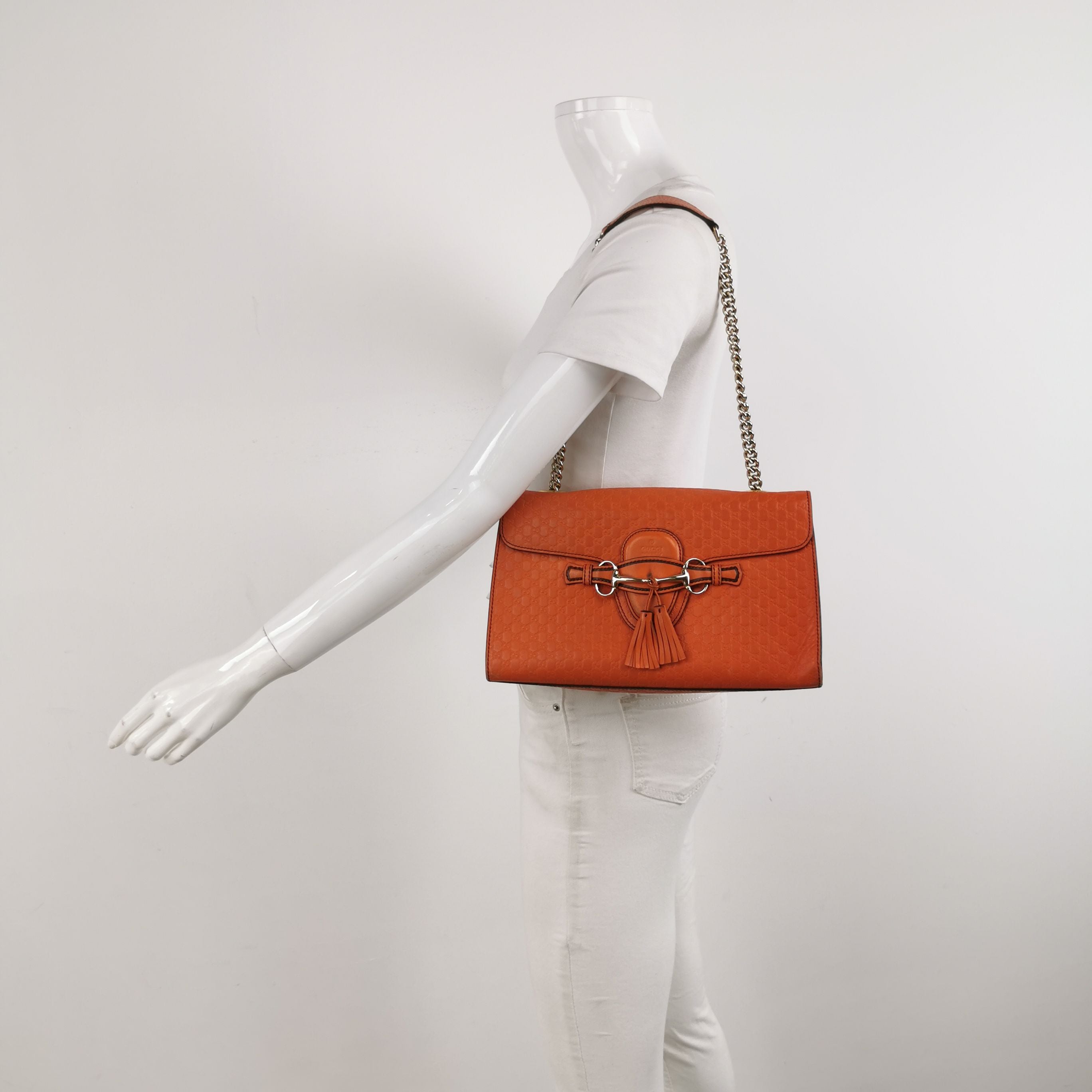 Gucci Emily Medium Leather Shoulder Bag with Signature Embossing and Tassel Horsebit Detail 250316781107553