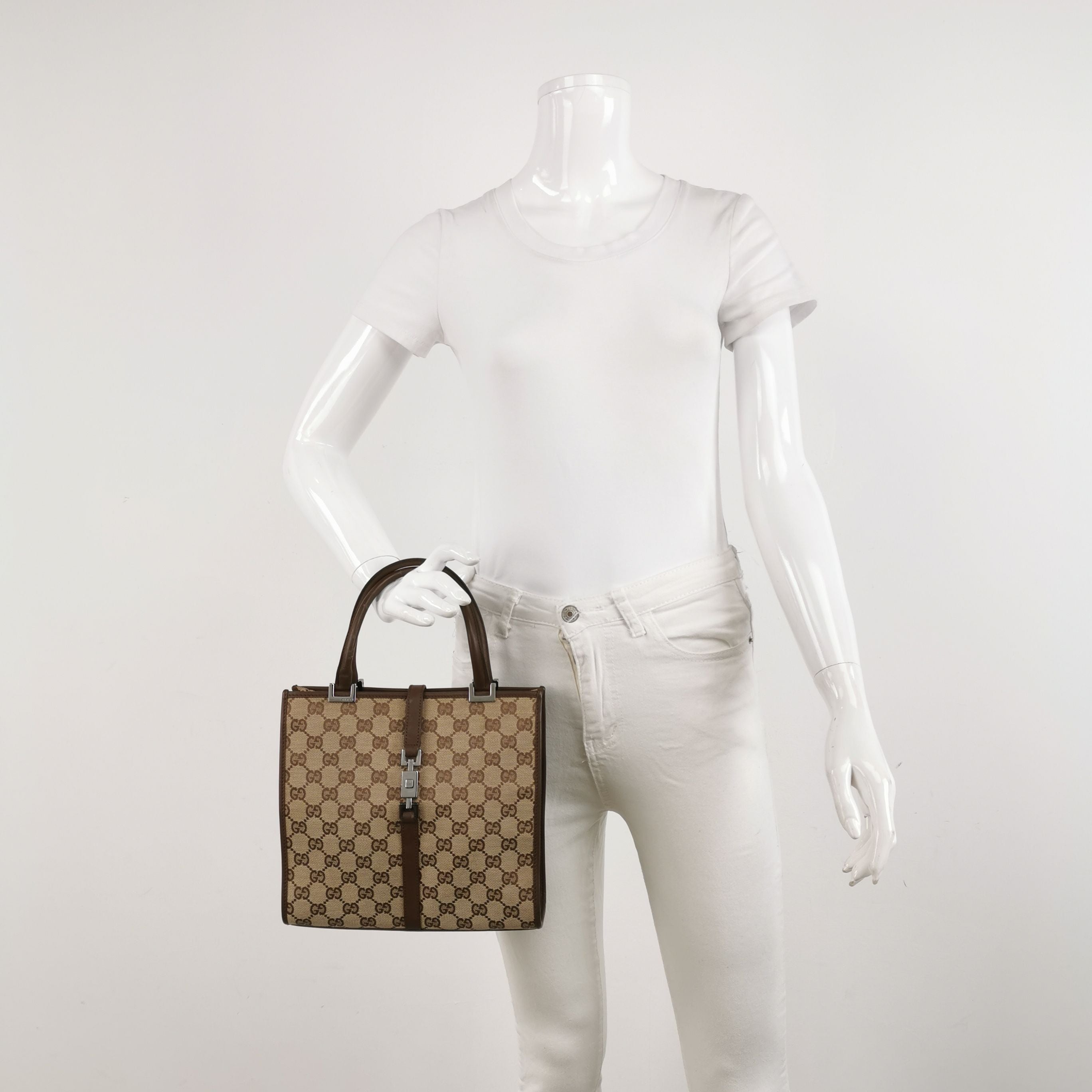 Gucci Bardot Leather and Canvas GG Monogram Push Lock Top Handle Bag 250315781106185