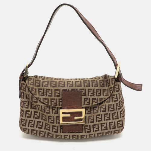 Fendi Beige/brown Ff Zucca Canvas Forever Baguette Shoulder Bag