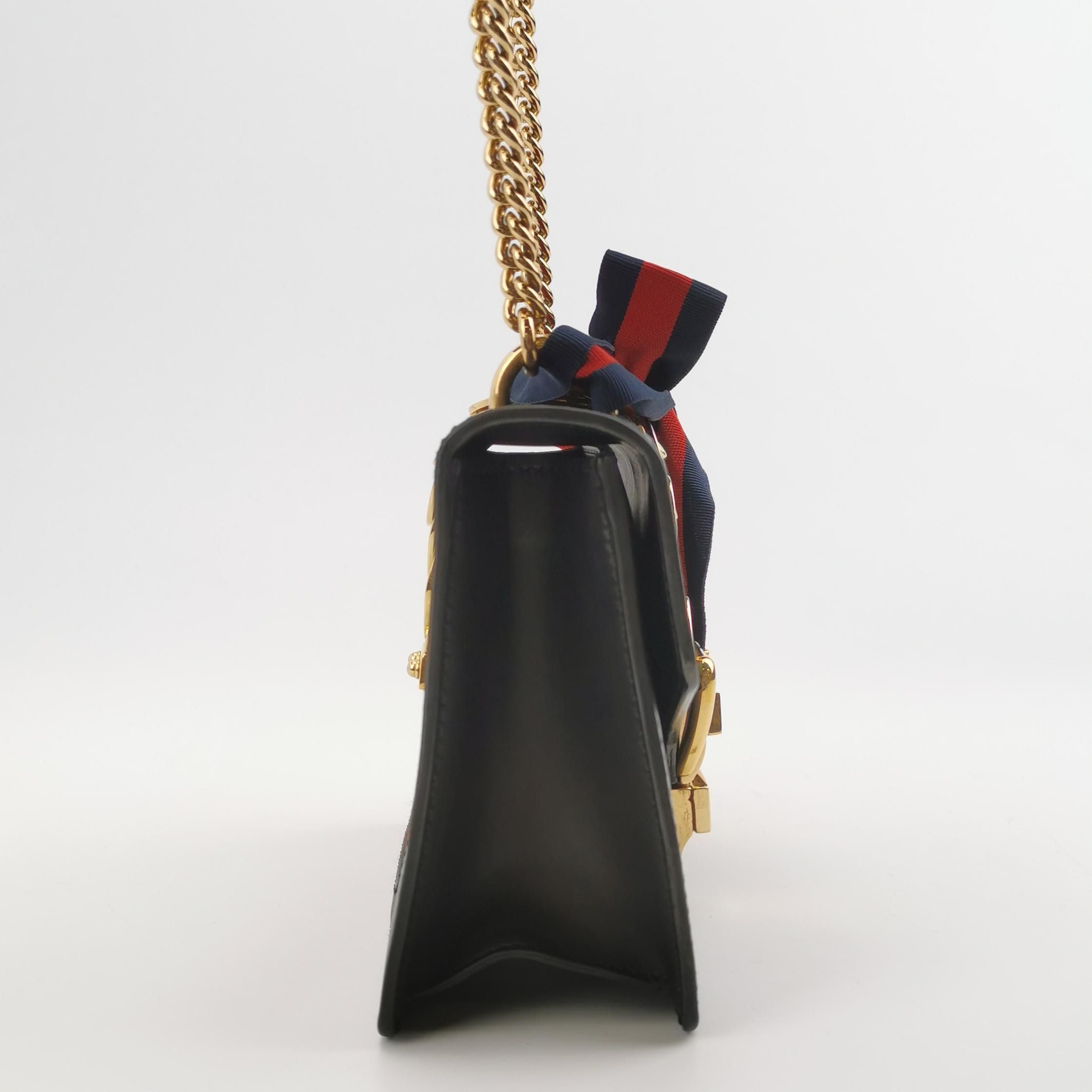 Gucci Sylvie Mini Leather and Canvas Crossbody Bag with Ribbon and Metal Buckle 250509781184685