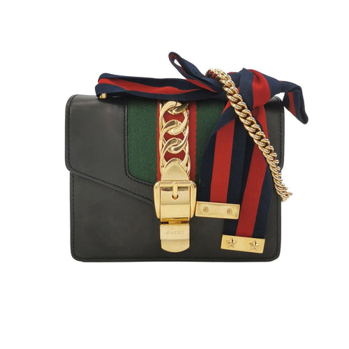 Gucci Sylvie Mini Leather and Canvas Crossbody Bag with Ribbon and Metal Buckle 250509781184685