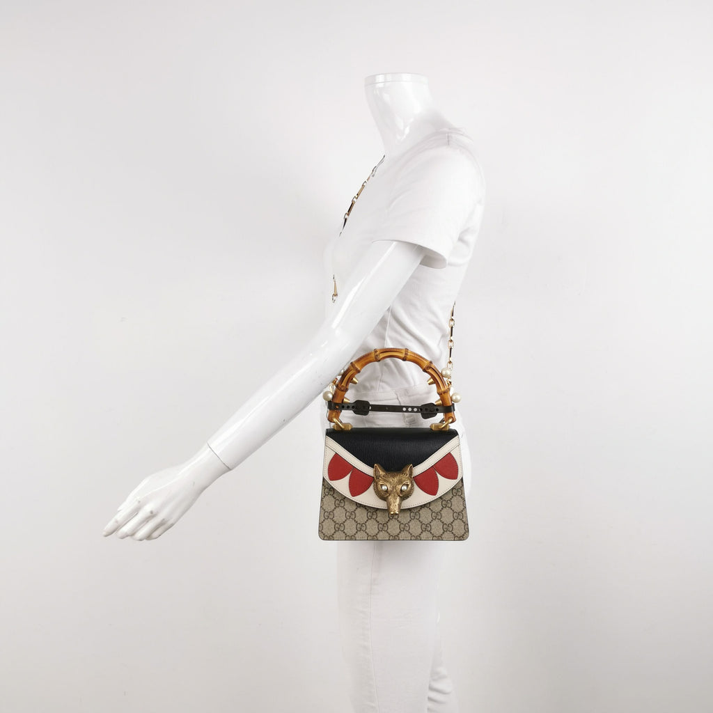 Gucci Leather Fox Head GG Monogram Bamboo Handle Crossbody Bag 250516781195414