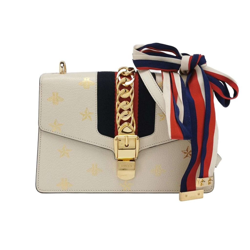Gucci Sylvie Small Leather and Canvas Crossbody Bag with Bee and Star Print 250328781124389