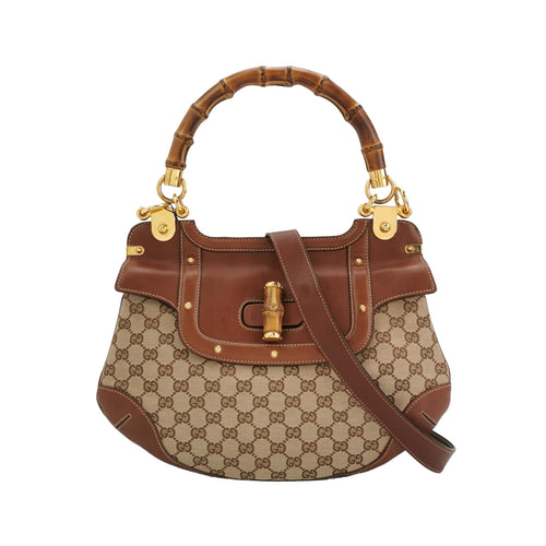 Gucci Leather and Canvas GG Logo Bamboo Handle Studded Crossbody Bag 250309781098006