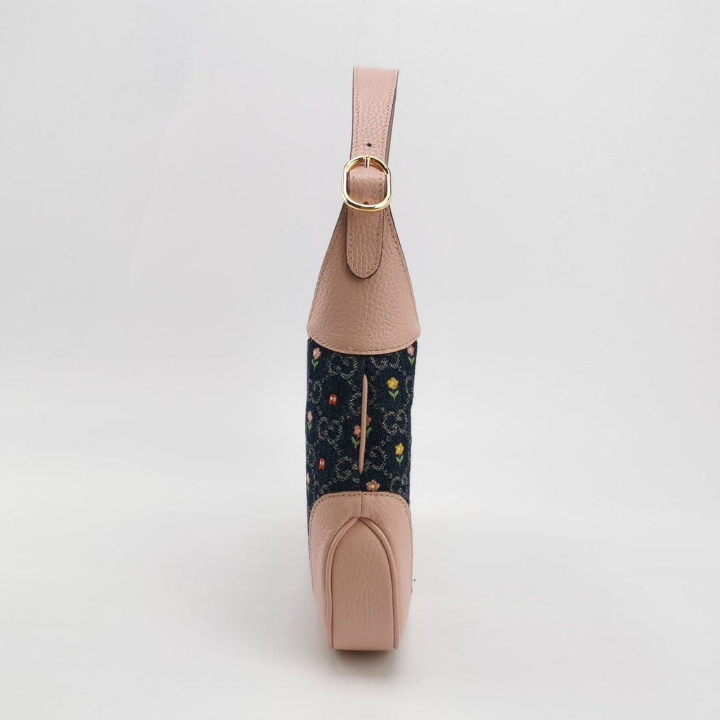 Gucci Jackie 1961 Small Leather Denim Floral Print Lock Shoulder Bag 250530781215441