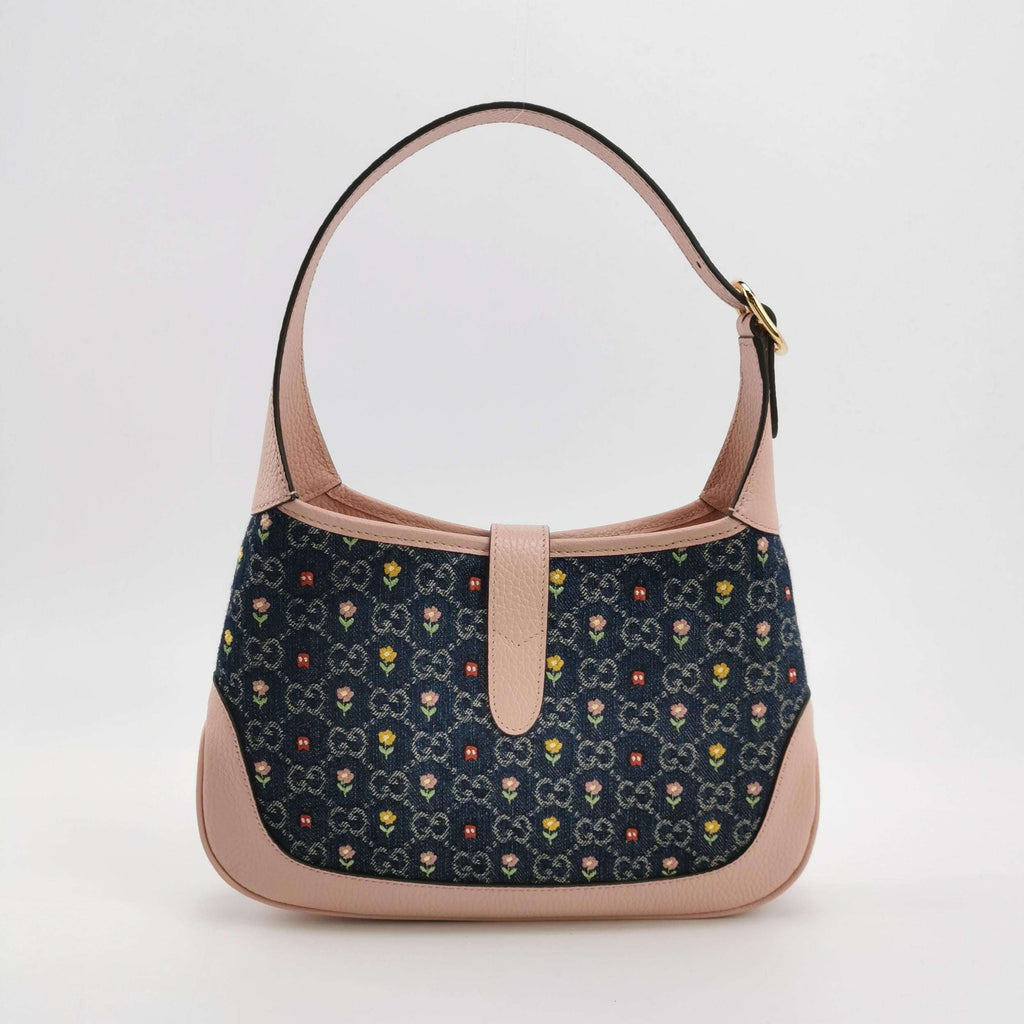 Gucci Jackie 1961 Small Leather Denim Floral Print Lock Shoulder Bag 250530781215441