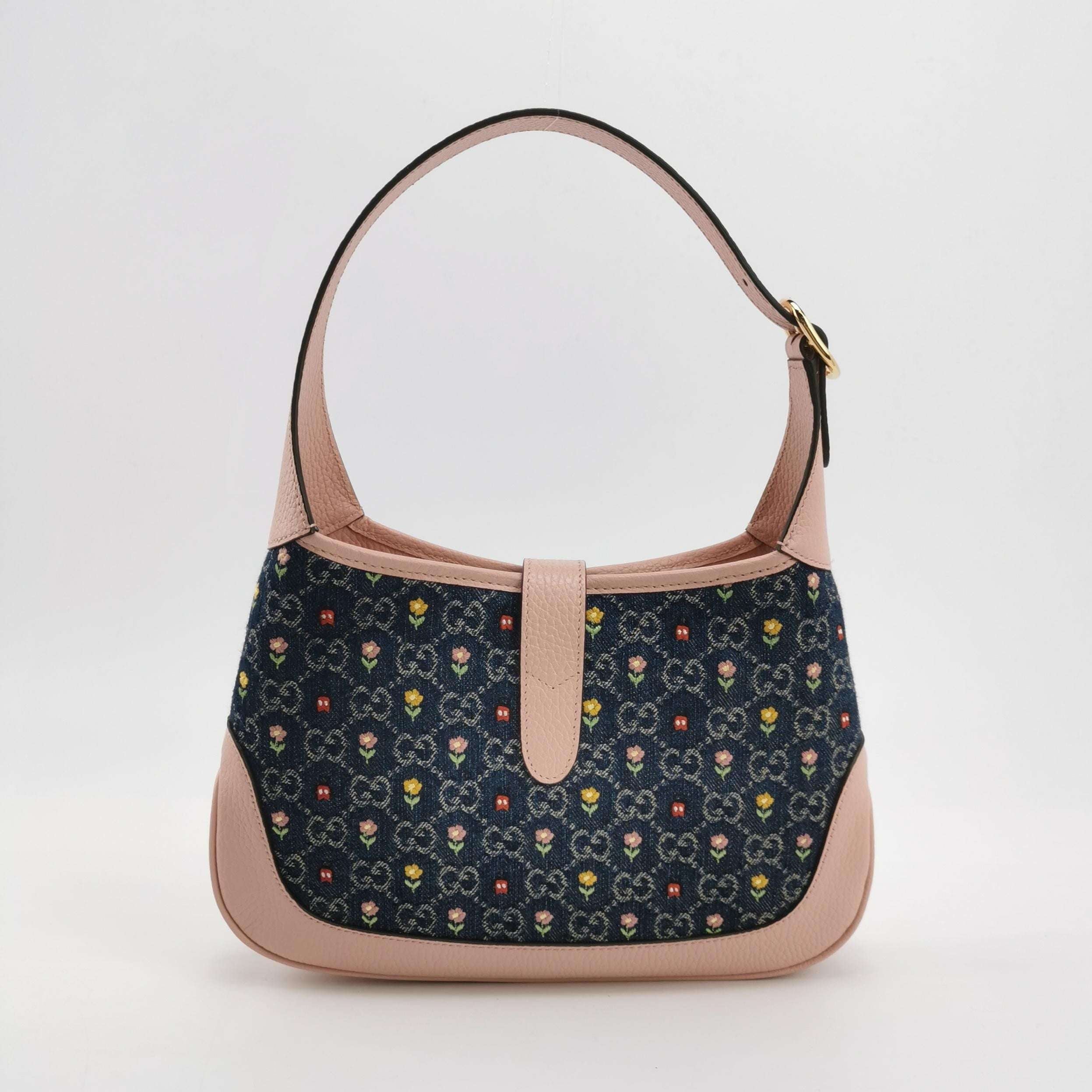 Gucci Jackie 1961 Small Leather Denim Floral Print Lock Shoulder Bag 250530781215441
