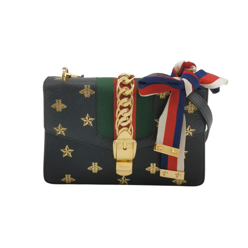 Gucci Sylvie Small Leather and Canvas Shoulder Bag with Bee and Star Print 250602781218605