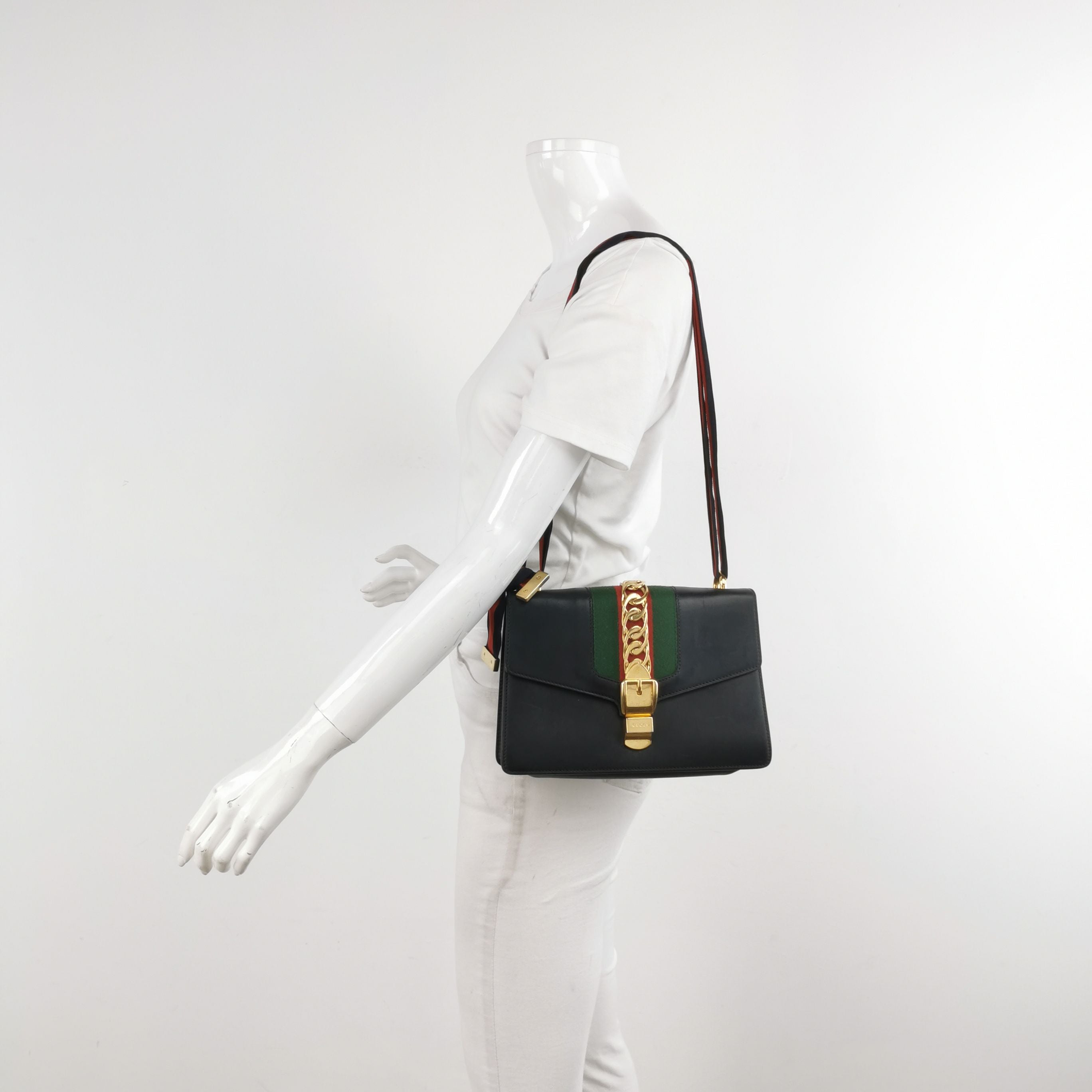 Gucci Sylvie Small Leather Shoulder Bag with Ribbon and Metal Buckle 067851400243