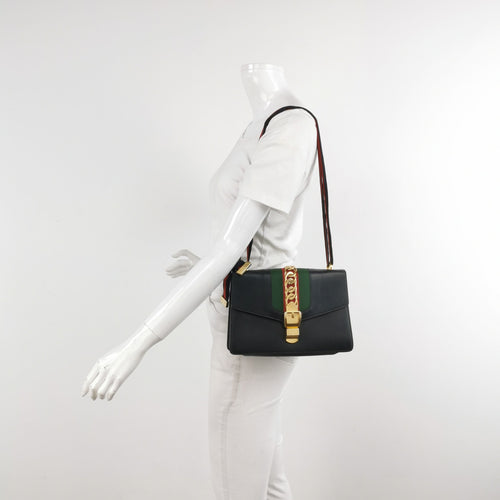 Gucci Sylvie Small Leather Shoulder Bag with Ribbon and Metal Buckle 067851400243