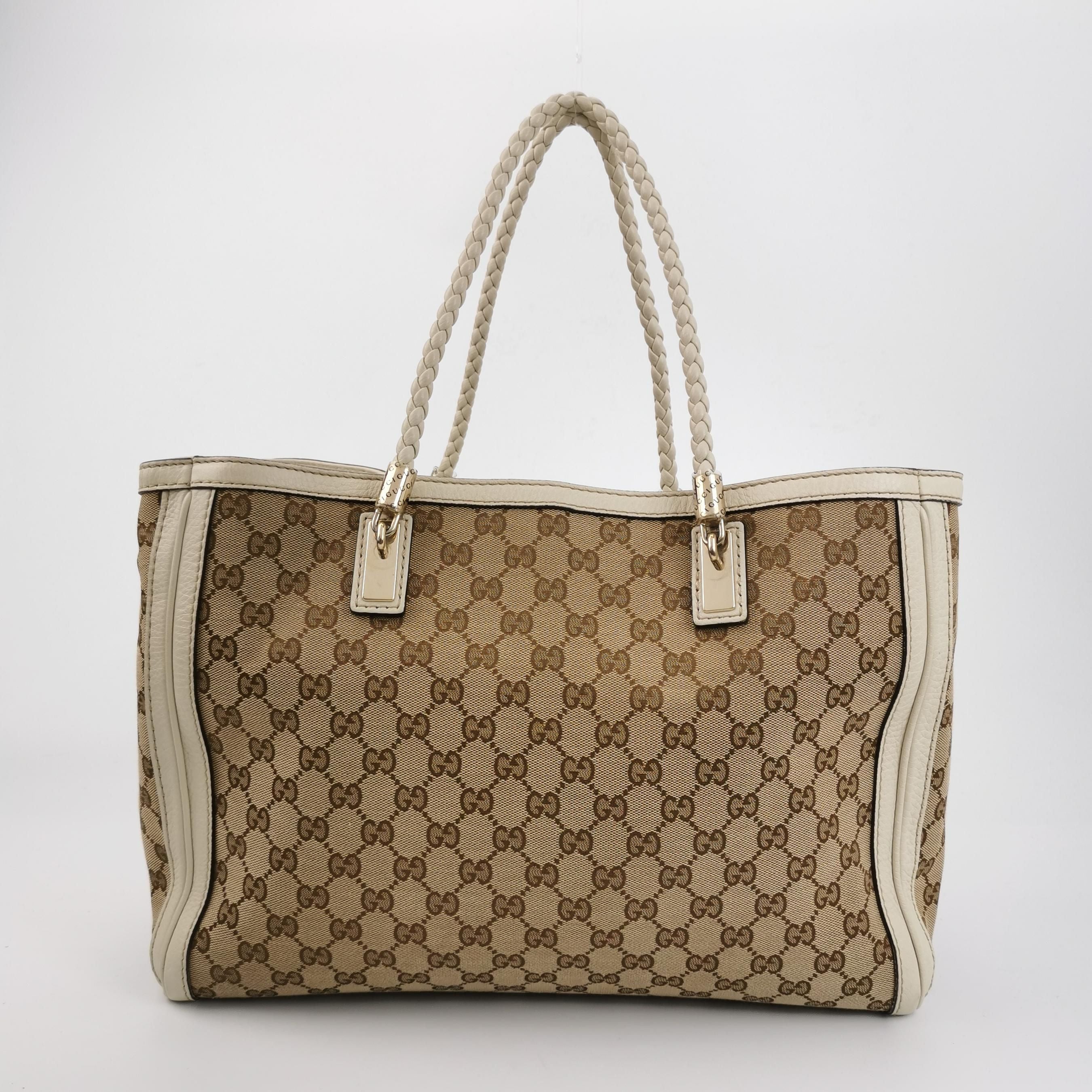 Gucci Bella Series Leather Canvas GG Monogram Woven Handle Shoulder Bag 250527781210864