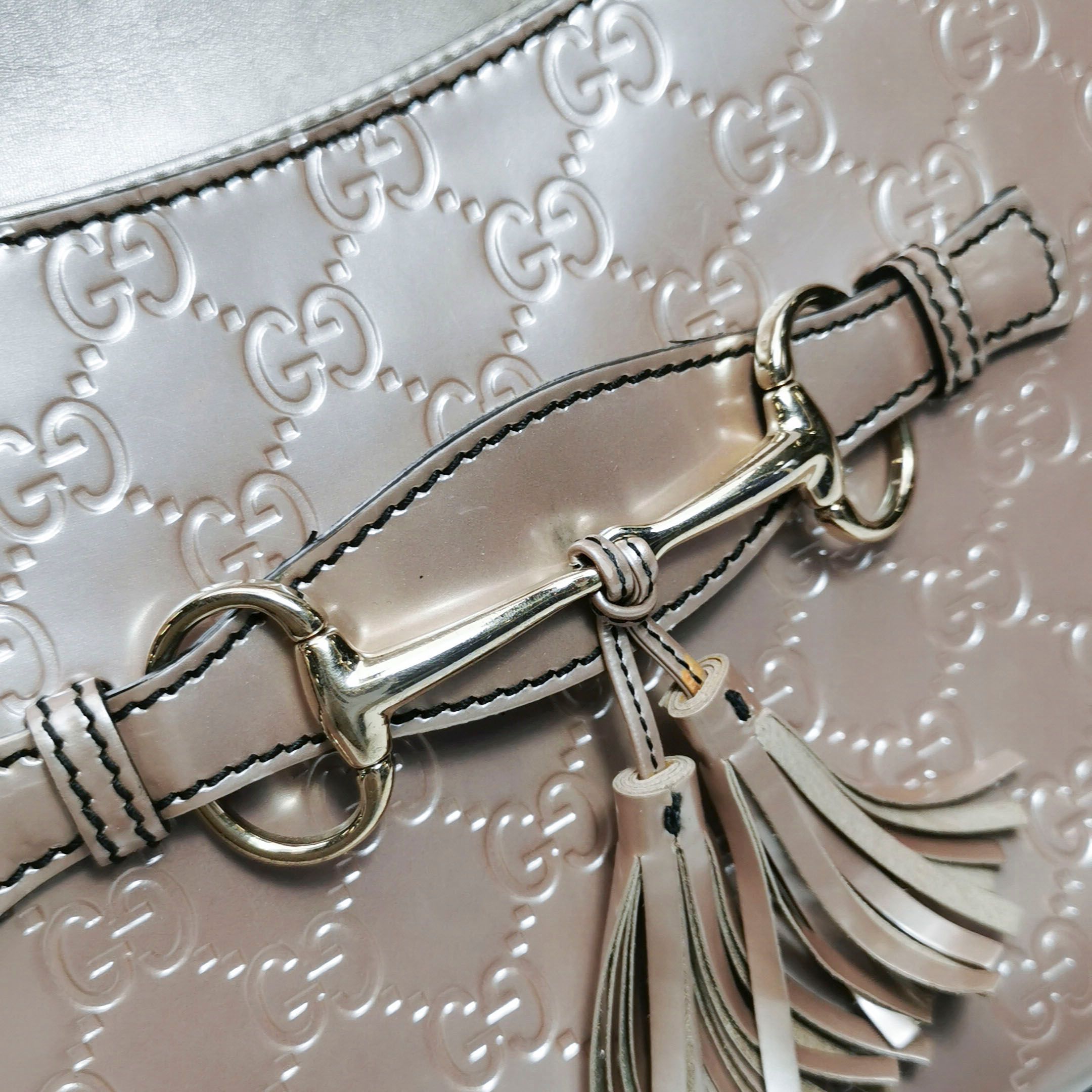 Gucci Emily Patent Leather GG Monogram Tassel Horsebit Shoulder Bag 250103781009475