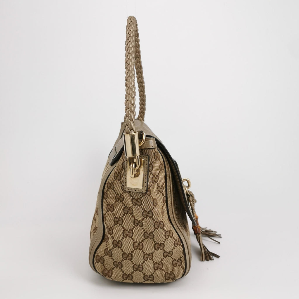 Gucci Bella Series Leather Canvas GG Monogram Woven Handle Shoulder Bag 24121378982157