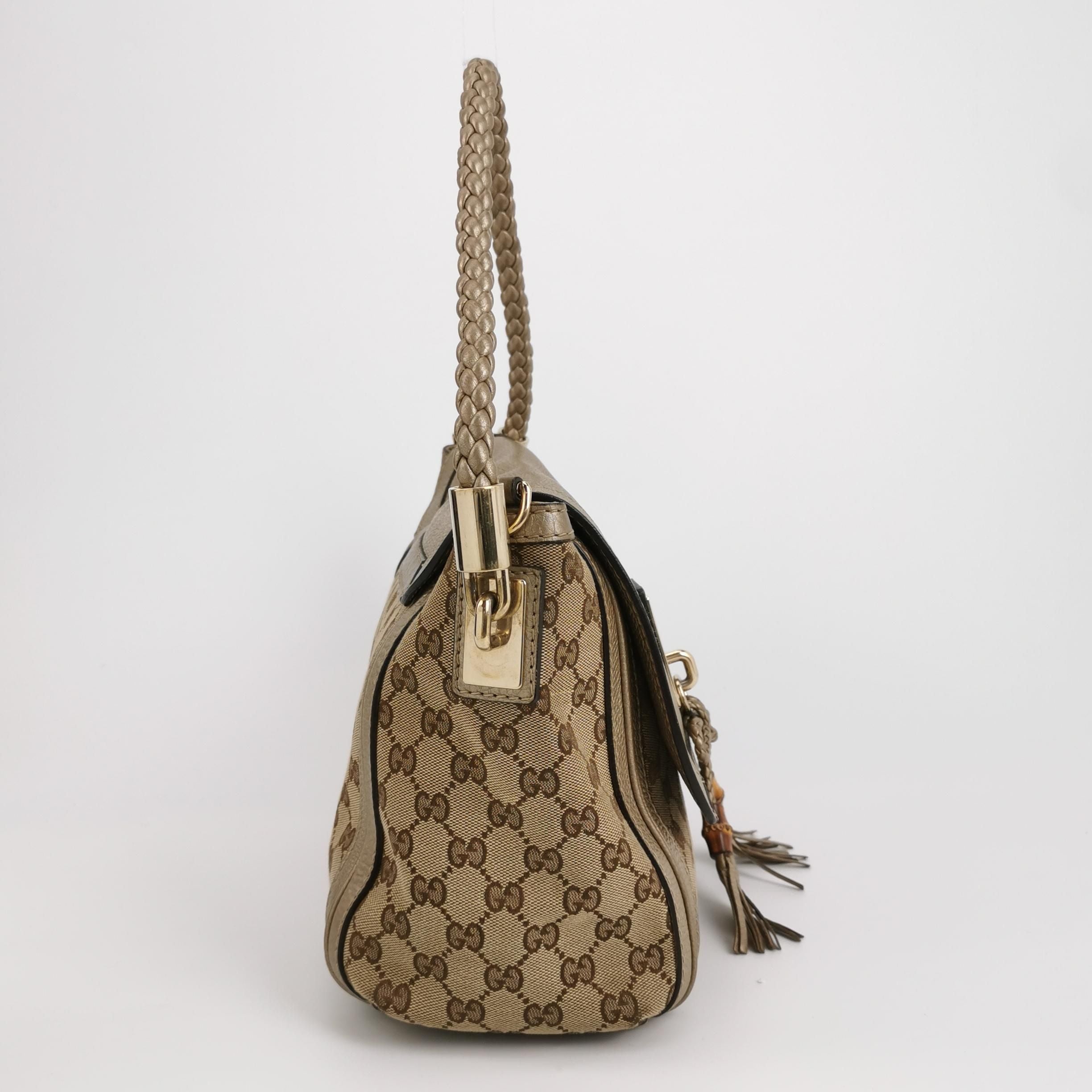 Gucci Bella Series Leather Canvas GG Monogram Woven Handle Shoulder Bag 24121378982157