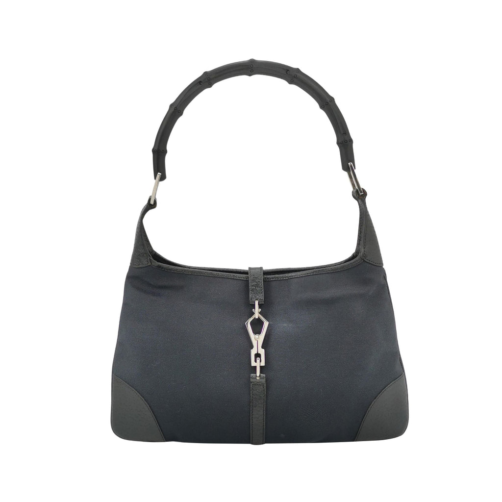 Gucci Jackie Leather and Canvas Shoulder Bag with Bamboo Handle and Metal Buckle 24111078938760