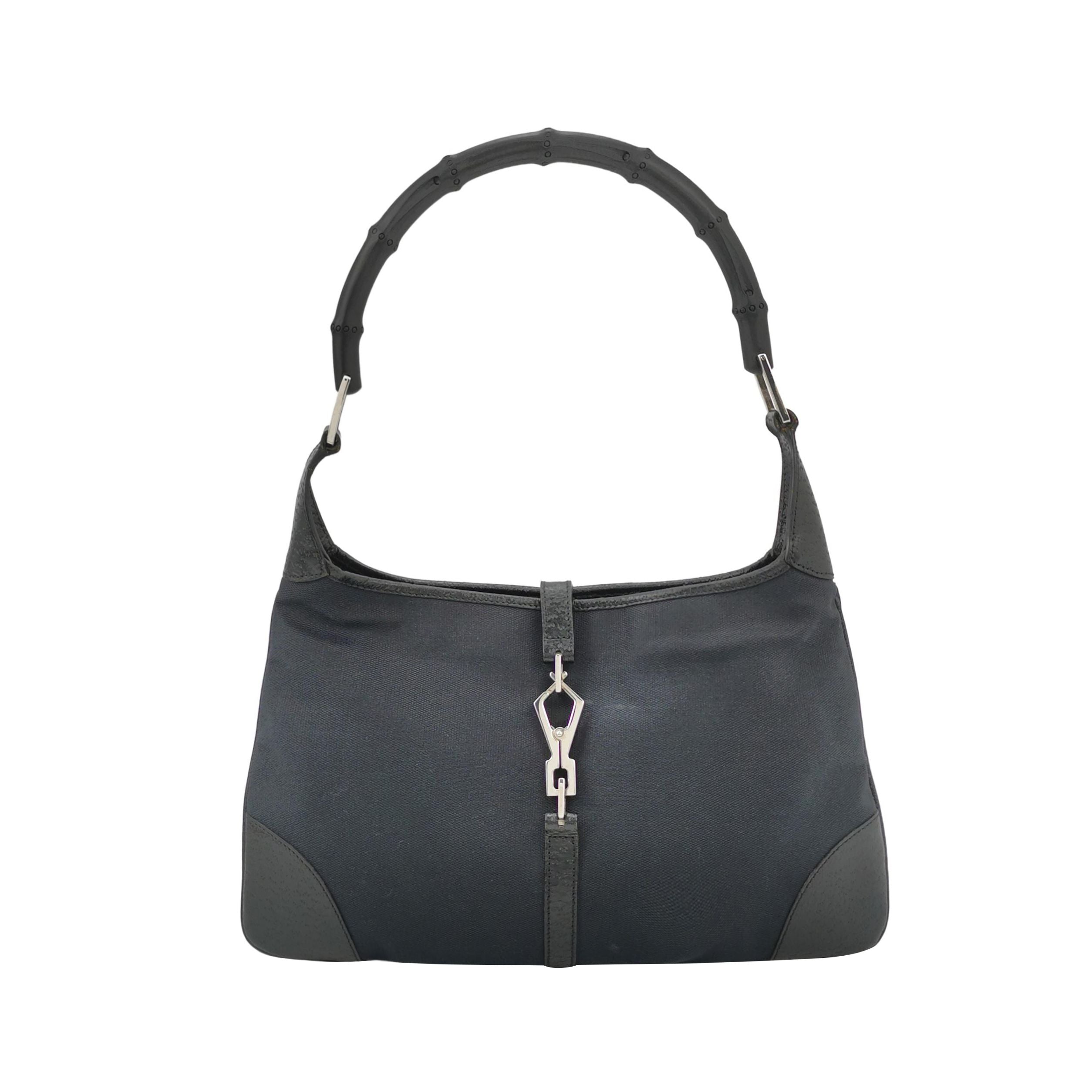 Gucci Jackie Leather and Canvas Shoulder Bag with Bamboo Handle and Metal Buckle 24111078938760