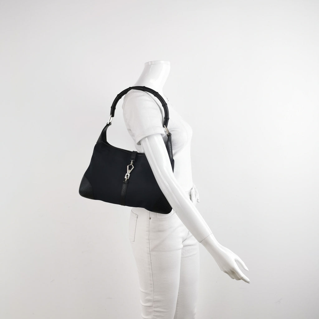 Gucci Jackie Leather and Canvas Shoulder Bag with Bamboo Handle and Metal Buckle 24111078938760