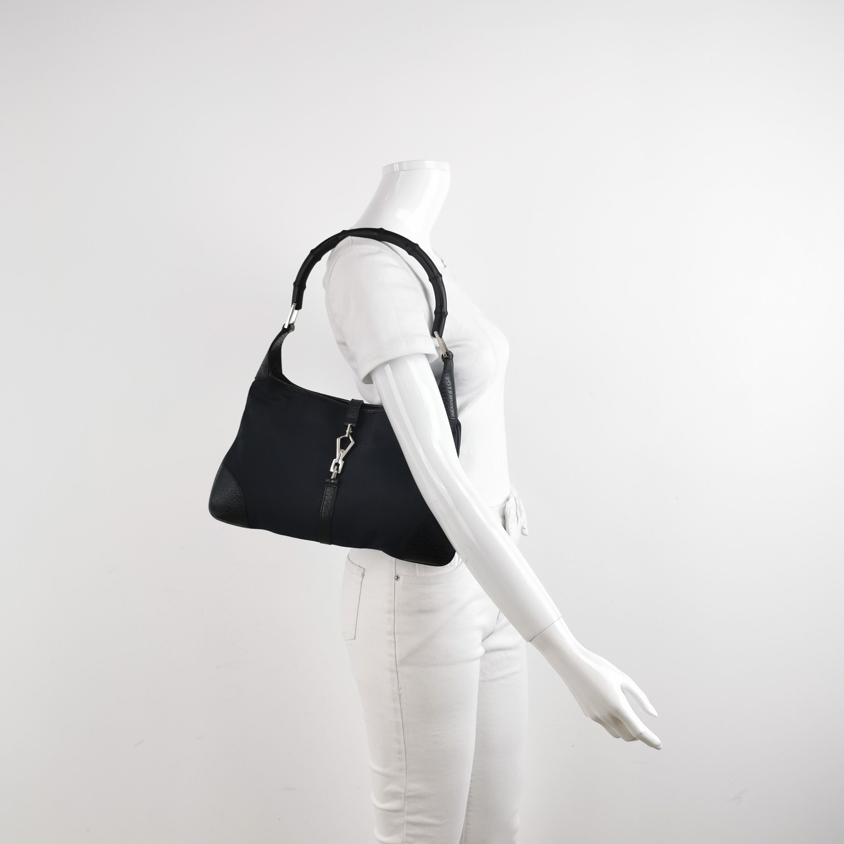 Gucci Jackie Leather and Canvas Shoulder Bag with Bamboo Handle and Metal Buckle 24111078938760