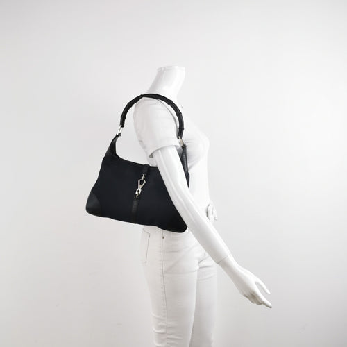 Gucci Jackie Leather and Canvas Shoulder Bag with Bamboo Handle and Metal Buckle 24111078938760