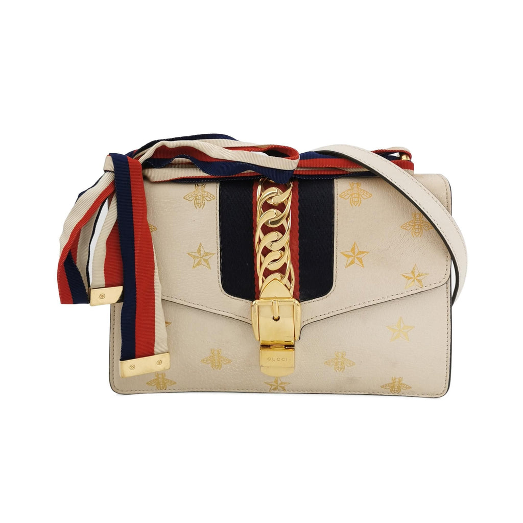Gucci Sylvie Small Leather Shoulder Bag with Bee and Star Print 24111378942982