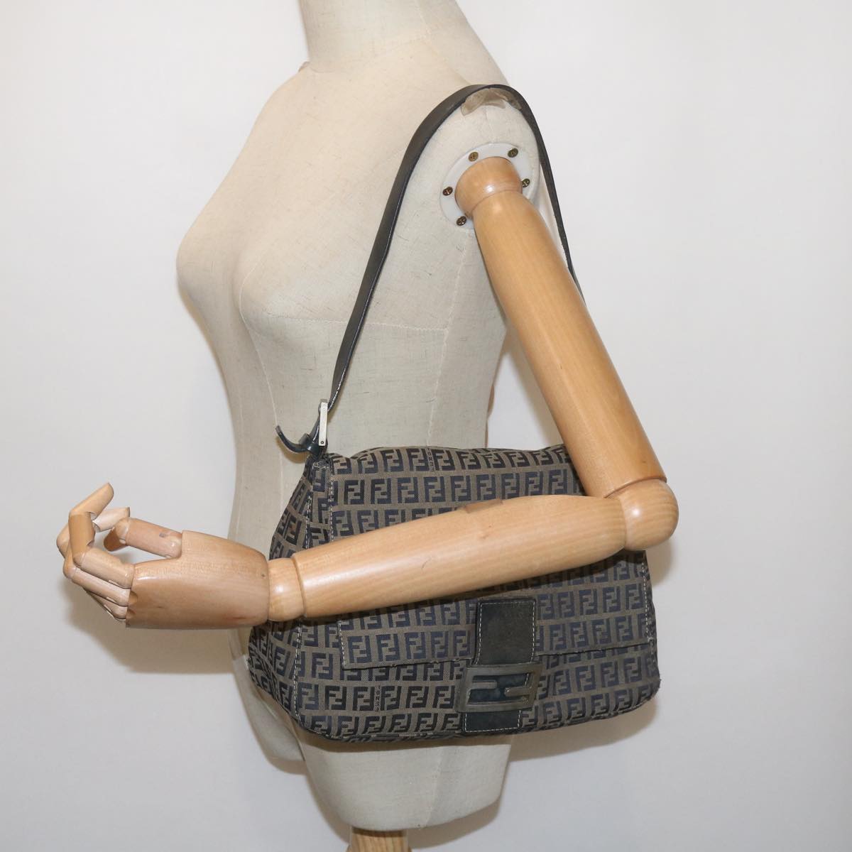 FENDI Zucchino Canvas Mamma Baguette Shoulder Bag Navy68577