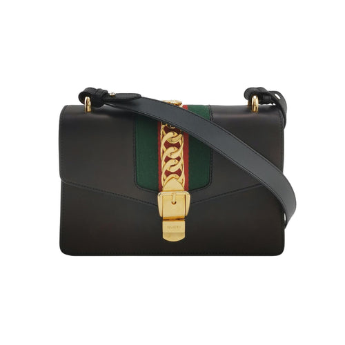 Gucci Sylvie Small Leather Shoulder Bag with Metal Buckle and Webbing Strap 250626781253279