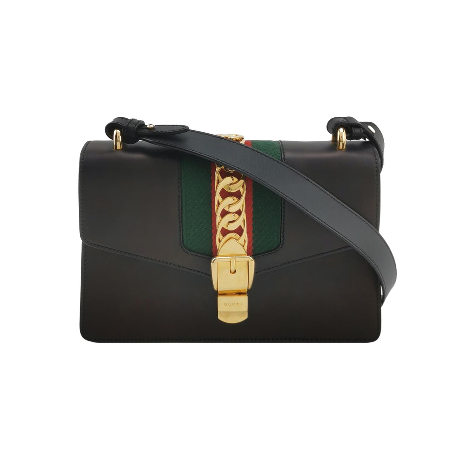 Gucci Sylvie Small Leather Shoulder Bag with Metal Buckle and Webbing Strap 250626781253279