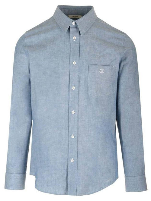CELINE Rouge Light Chambray Cotton Long Sleeve Shirt Blue