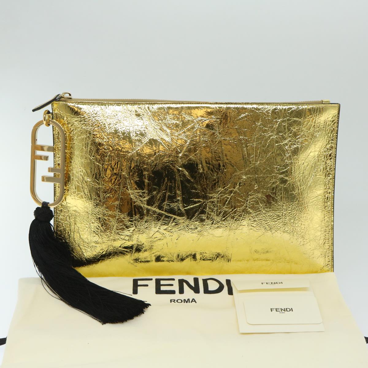 FENDI Clutch Bag Leather Gold Tone 8N017869145A