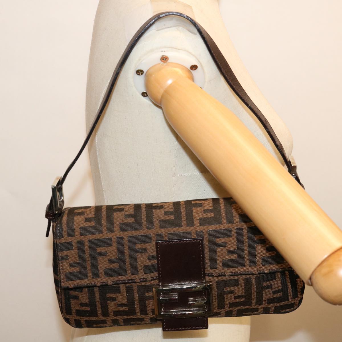 FENDI Zucca Canvas Mamma Baguette Shoulder Bag Black Brown69666A