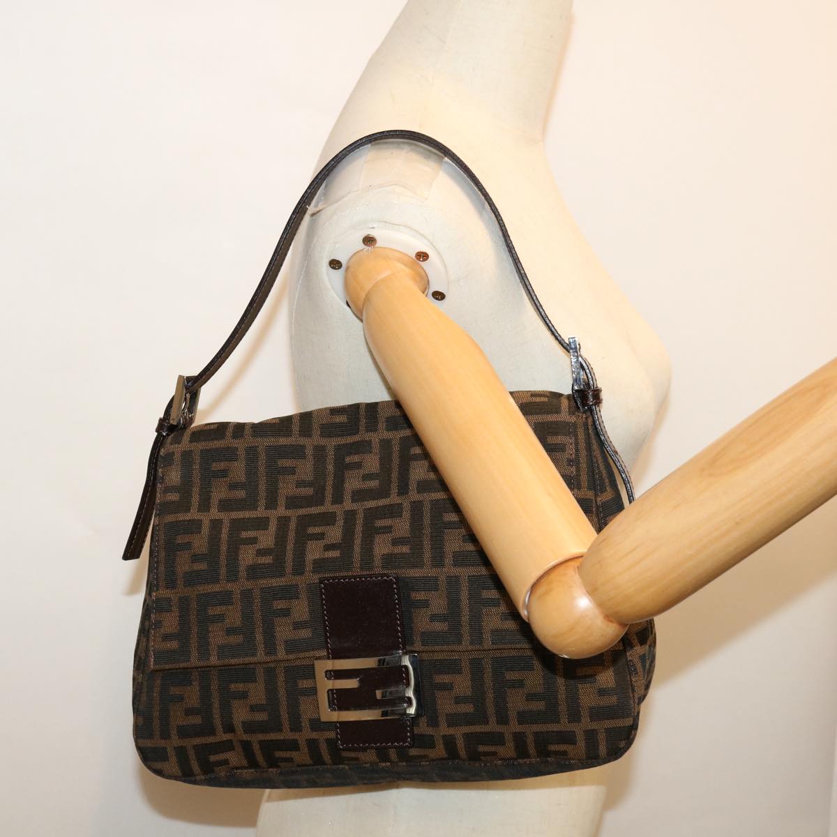 FENDI Zucca Canvas Mamma Baguette Shoulder Bag Black Brown69667A