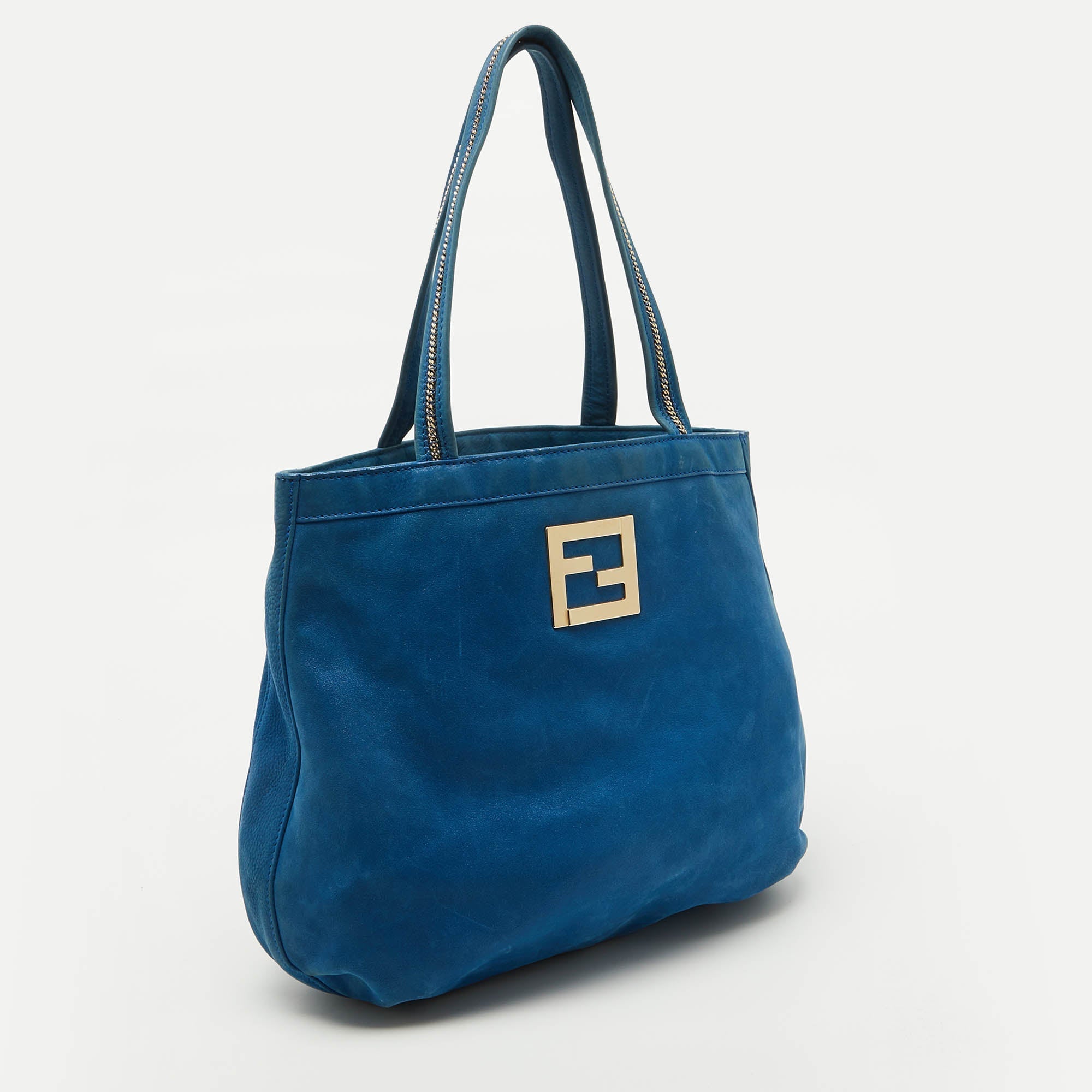 Fendi Metallic Blue Nubuck Leather Ff Tote
