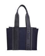 Chloe Medium Woody Tote in Blue Canvas and Black Calfskin Leather