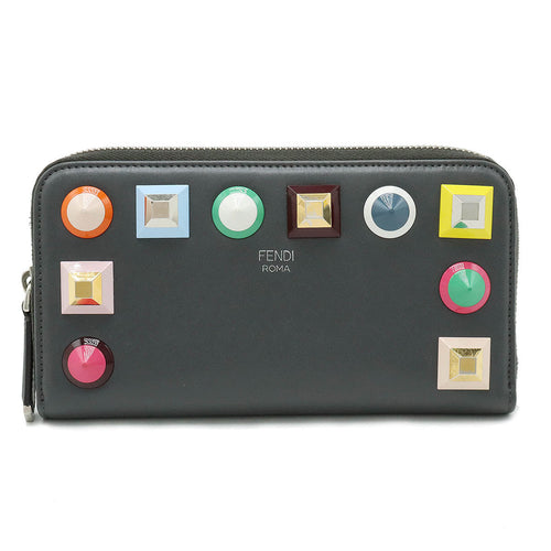 FENDI FENDI Rainborrell Chestdowns Round Jeep Round Fassner Long Wallet Leather Gray Silver  8M0299