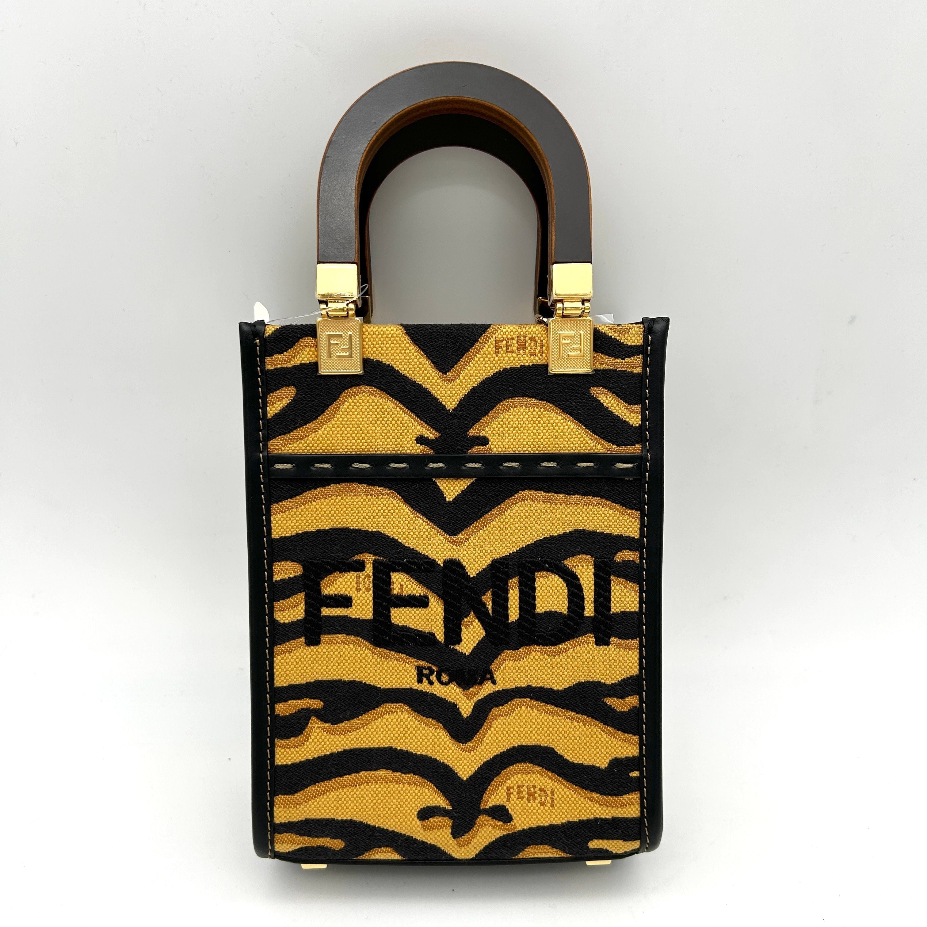 FENDI Canvas Vitello King Chinese New Year Tiger Embroidered Fendi Sunshine Shopper Tote Black Dark Yellow fe5885cc