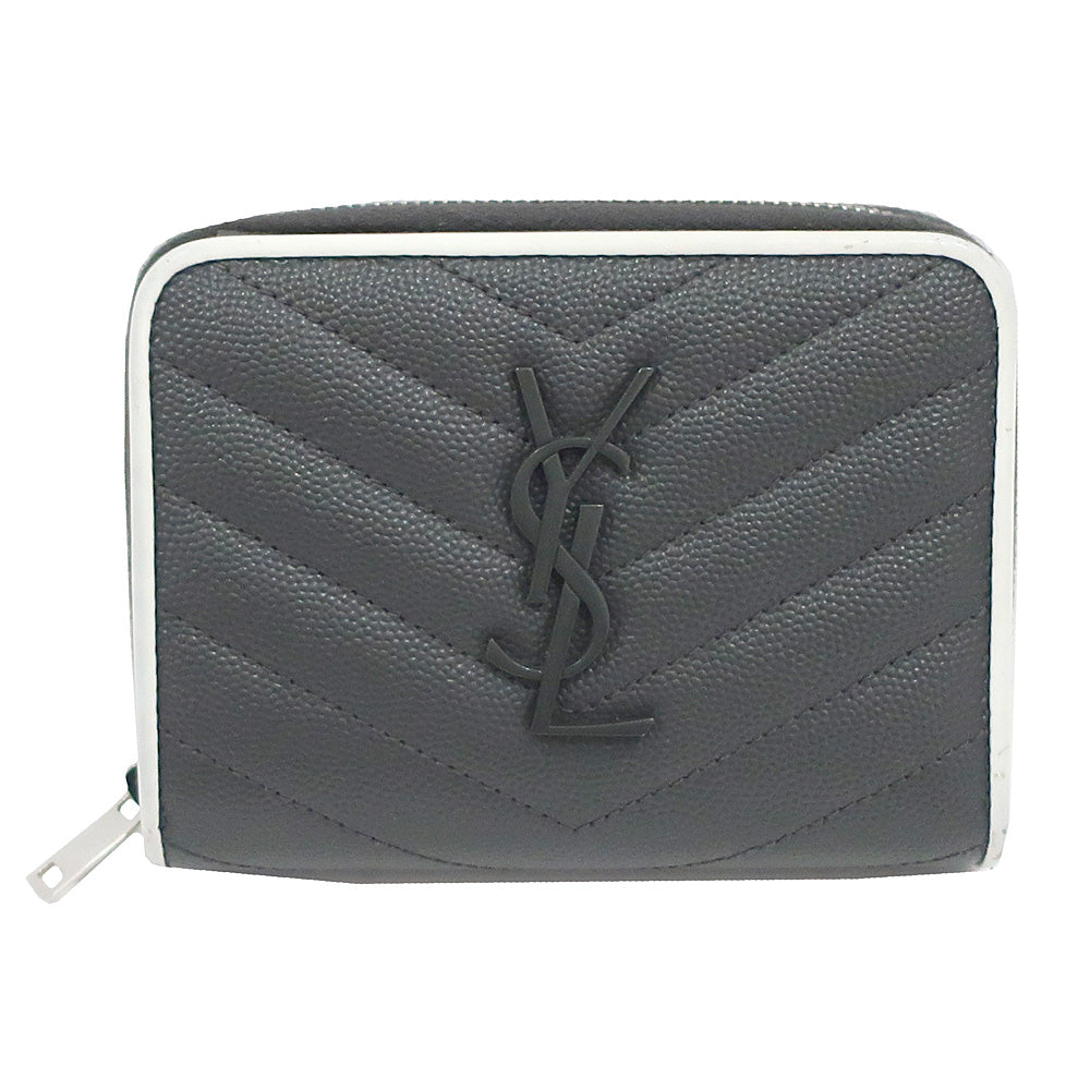 Saint Laurent Double Fold Wallet Compact Round  V Stitch Gr/White Silver  YSL Logo Leather Women  Dress Small etc. Other Preservation Bag