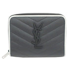 Saint Laurent Double Fold Wallet Compact Round  V Stitch Gr/White Silver  YSL Logo Leather Women  Dress Small etc. Other Preservation Bag