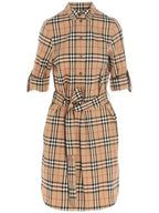 Burberry Vintage Check Stretch Cotton Tie-Waist Shirt Dress Beige