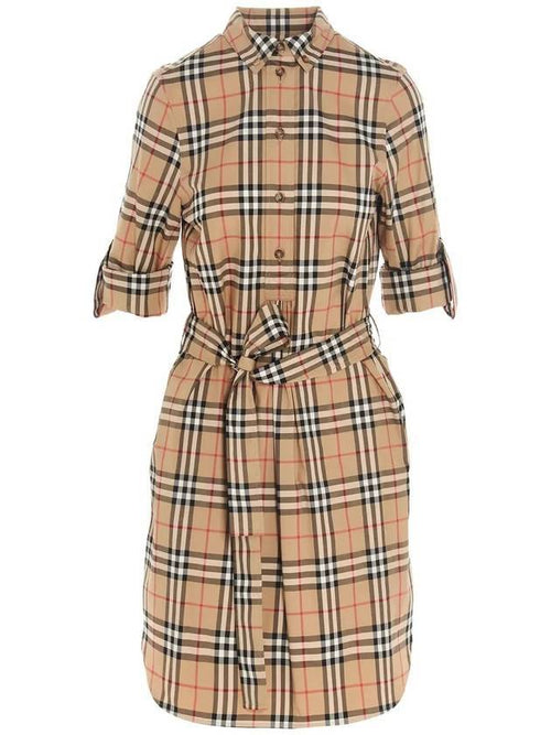 Burberry Vintage Check Stretch Cotton Tie-Waist Shirt Dress Beige