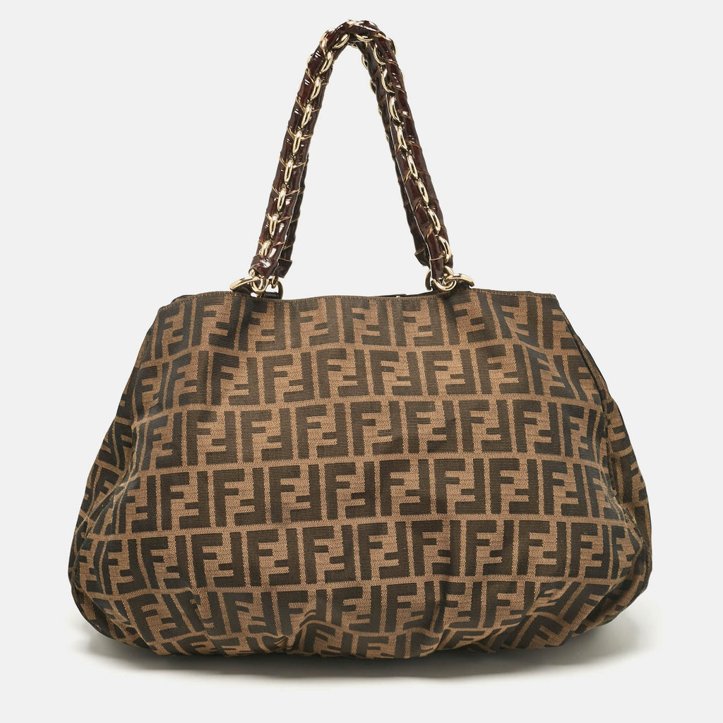 Fendi Zucca Canvas And Patent Leather Large Mia Shoulder Bag