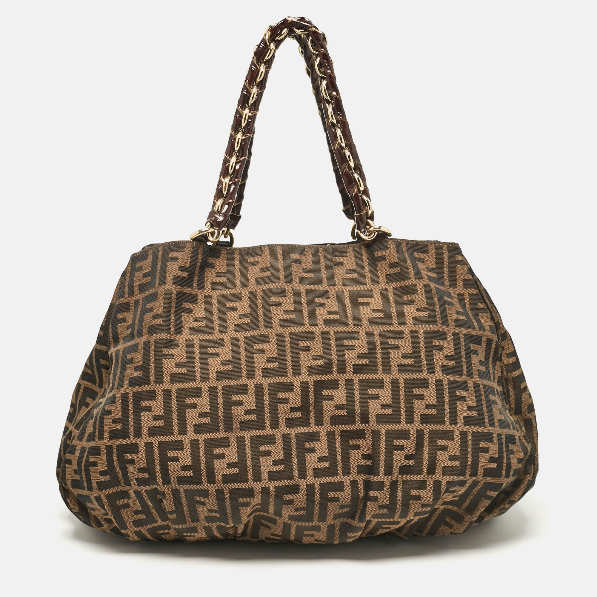 Fendi Zucca Canvas And Patent Leather Large Mia Shoulder Bag