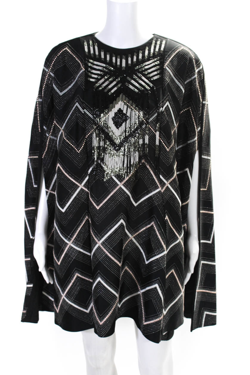 Fendi Womens Back Zip Crew Neck Beaded Stitched Capelet Jacket Black