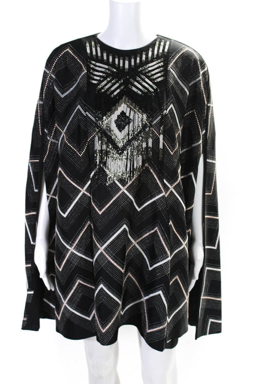 Fendi Womens Back Zip Crew Neck Beaded Stitched Capelet Jacket Black