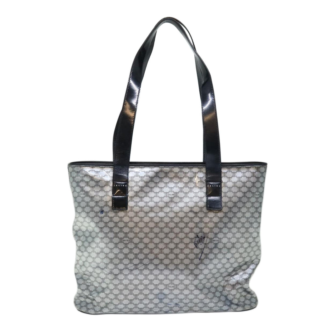 CELINE Macadam Canvas Tote Bag Enamel Silver Black Auth 70632