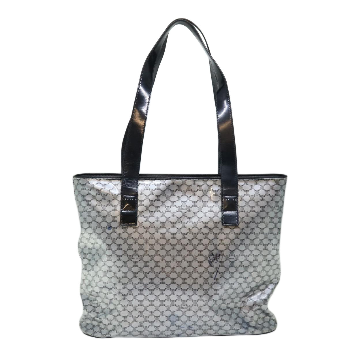 CELINE Macadam Canvas Tote Bag Enamel Silver Black Auth 70632